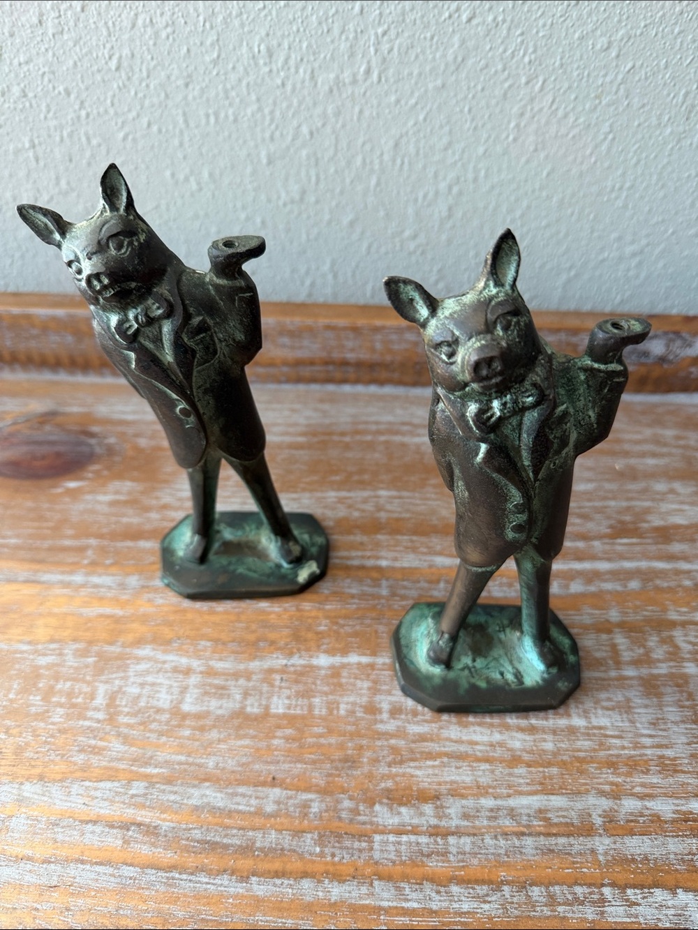 Vintage Bronze Green Patina Anthropomorphic Fox Candle Holders - Home Accents